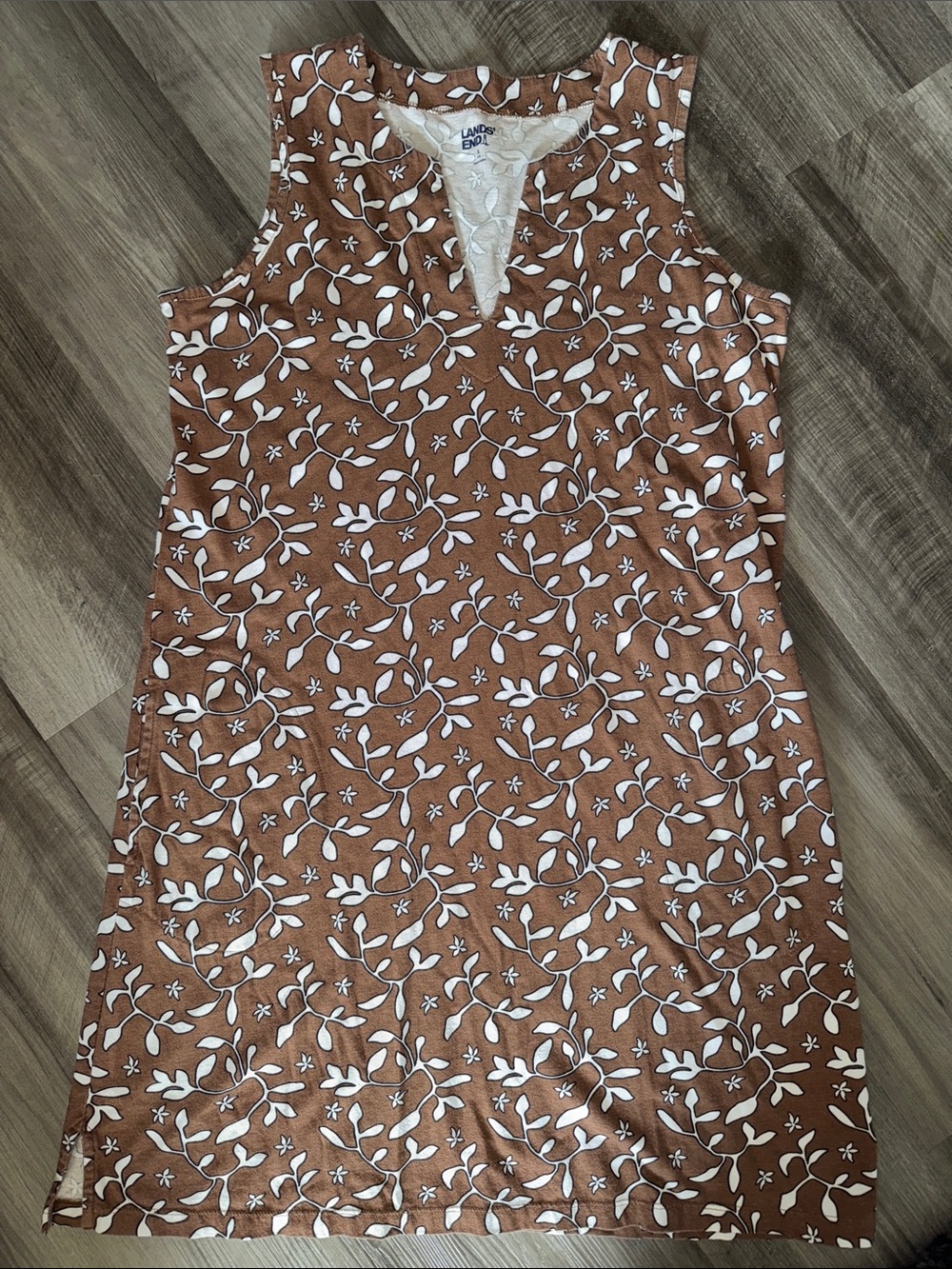 Lands' End 6-8 small sleeveless tunic dress brown botanical leaf print casual